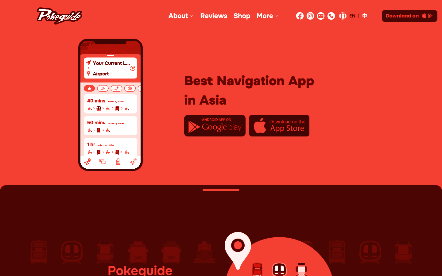Pokeguide home page — best navigation app in Asia, with the app on a phone and store badges