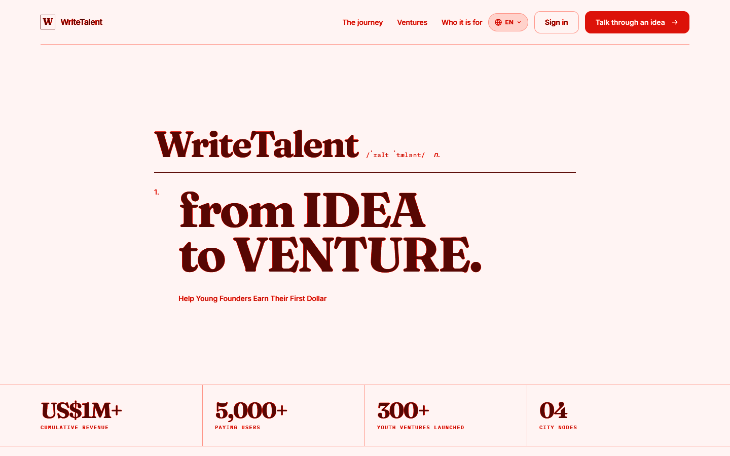 WriteTalent landing page — from idea to venture, with cumulative revenue, paying users, youth ventures launched and city nodes
