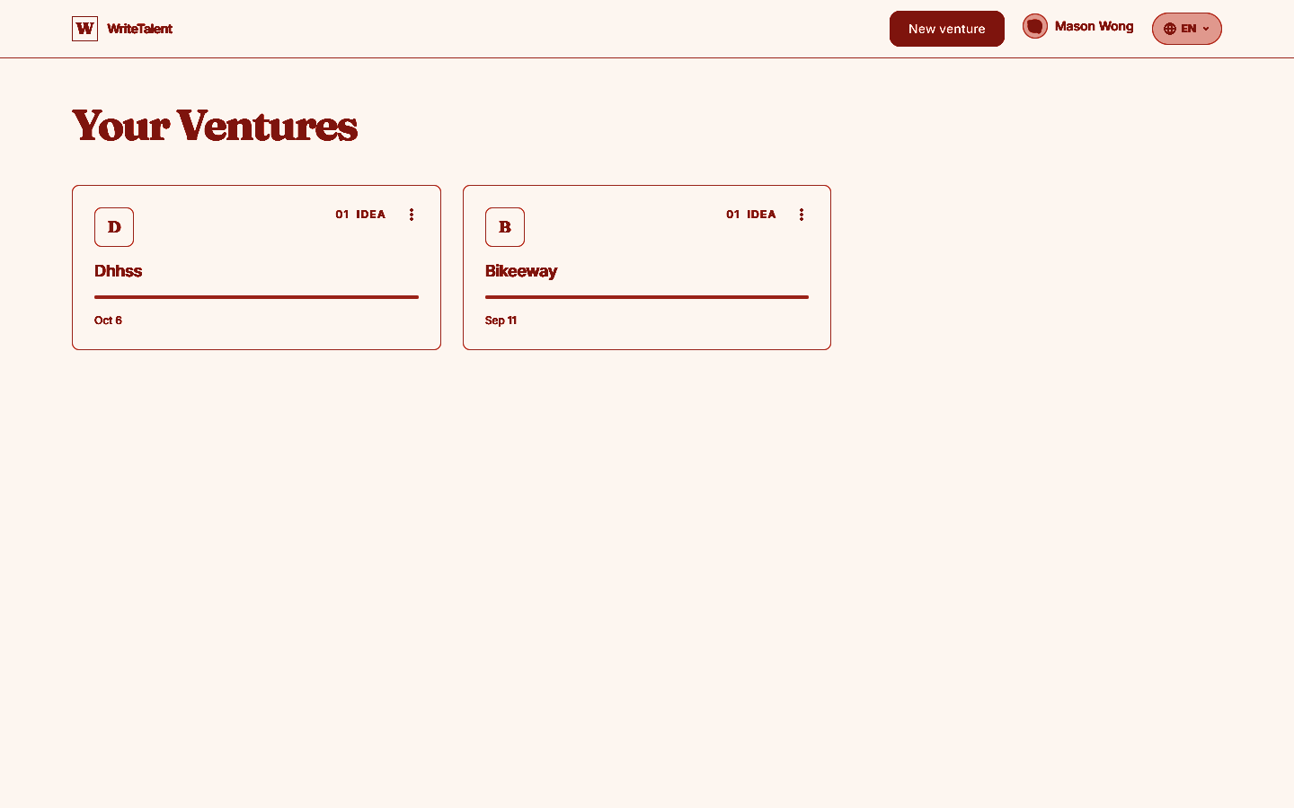 WriteTalent studio — your ventures, with two workspaces in progress