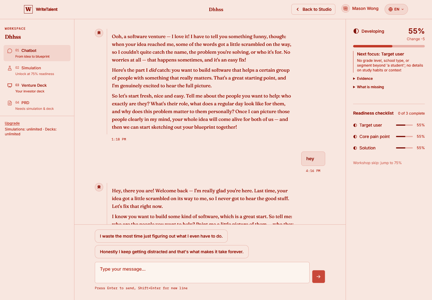 WriteTalent venture workspace — the chatbot, readiness score and checklist